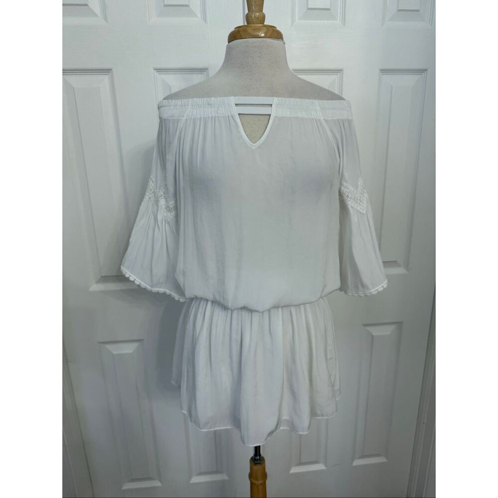 Ramy Brook Womens White Off The Shoulder Bell Sleeve Nico Mini Dress‎ Small